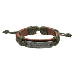Handmade Brown Green Love is The Key Leather Silver Pewter Adjustable Bracelet